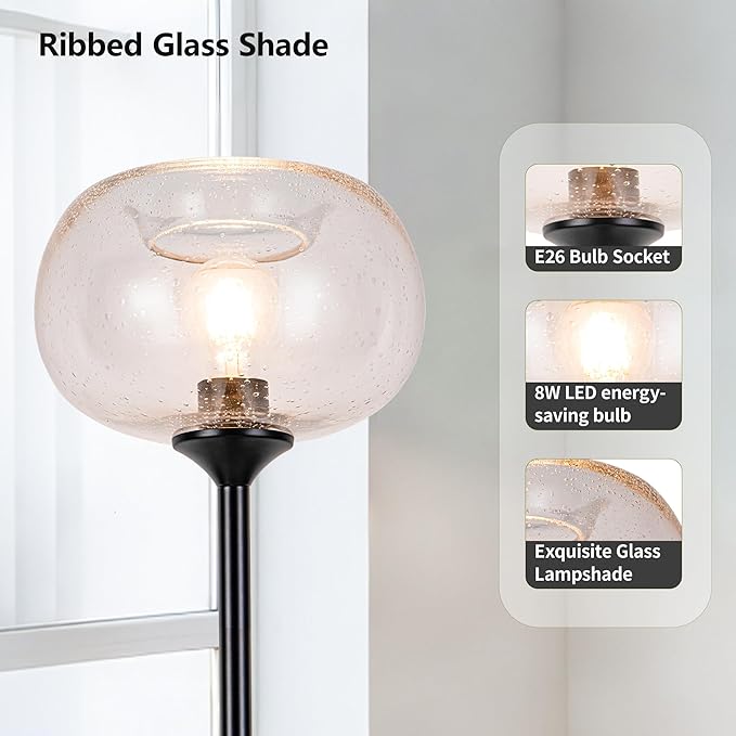 MAYNA Globe Floor Lamp, Clear Round Glass Standing Lamp with Built-in Timer Switch, Black Tall Industrial Lamps for Living Room Bedroom, 2700K LED Bulb Included