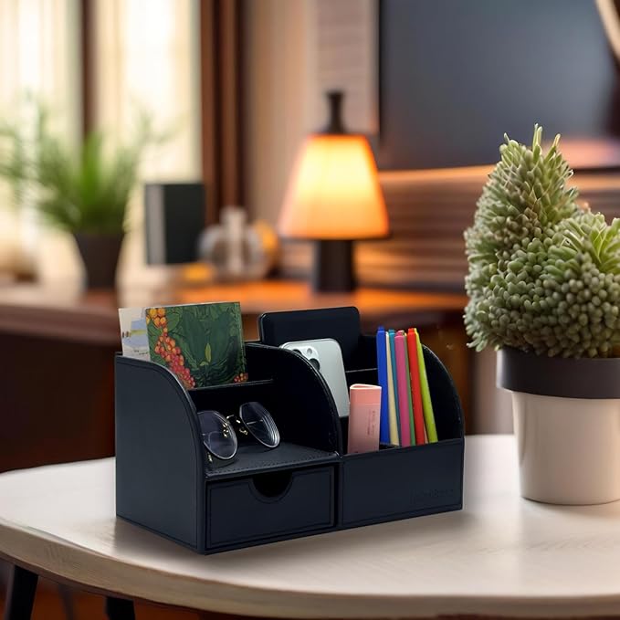 UnionBasic Desk Organizer - Multifunctional Leather Desktop Pen Holder Storage Box - Business Card/Pen/Pencil/Mobile Phone/Stationery Holder, Black