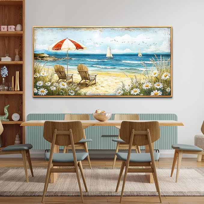 ERQINHUA Large Wall Decor Canvas Painting Wall Art For Living Room Bedroom Home Decoration Blue Seaside Landscape Painting Print For office Dining Room Bathroom Wall Aesthetics Wood Frame 30x60 In