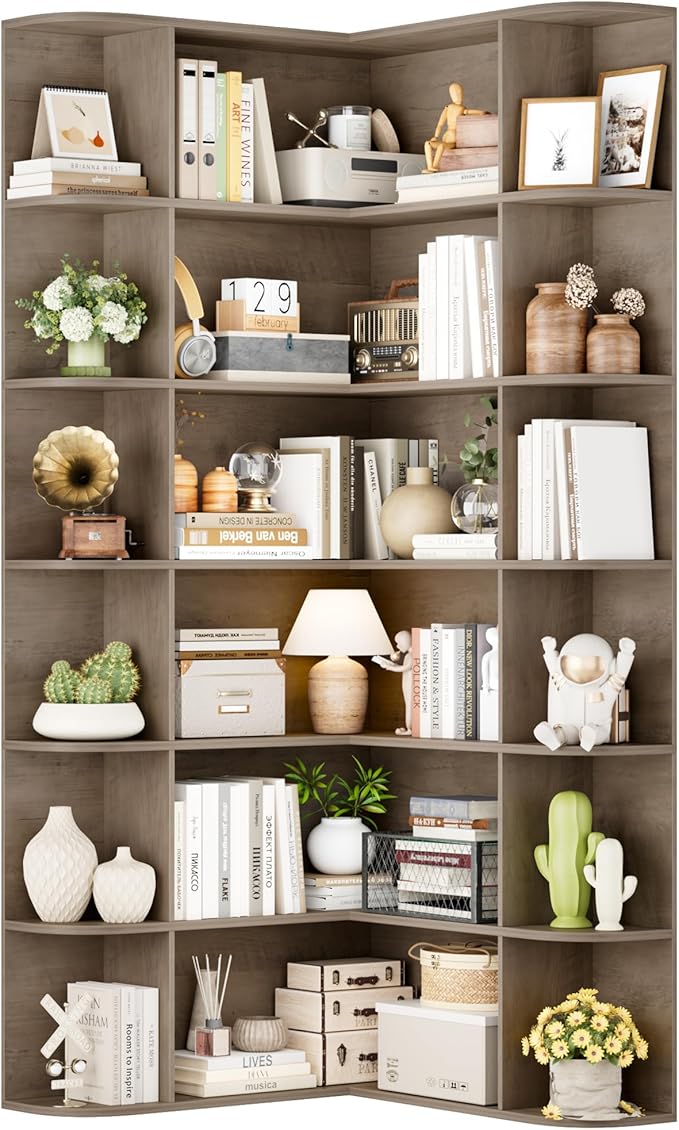 FOTOSOK 74” Tall Corner Bookshelf, 6-Tier Bookshelf and Bookcase with Open Storage, Tall Bookcases Wooden Storage Shelves for Home Office, Thickened Boards for Better Load Bearing, Vintage Grey