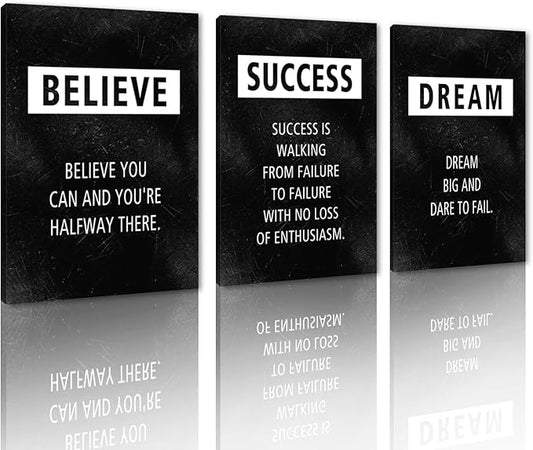 Set of 3 Inspirational Wall Art, Believe Success Dream Positive Quotes Canvas Painting Black Office Picture Artwork Motivational Wall Decor Entrepreneurs Poster for Living Room Bedroom Home, 20"x28"x3