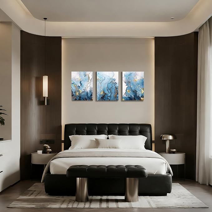 SERIMINO Blue Abstract Canvas Wall Art for Living Room, Navy and Gold Fluid Marble Wall Decor for Bedroom, Bathroom, Office, Home Decor, Set of 3 Print Painting, 12"X16"