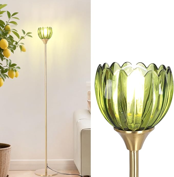 Floor Lamps for Living Room, Bedroom, Gold Standing Lamp with 12W Bulb, Vintage Floor Lamp for Reading, Nursery, Corner (Green Tulip)