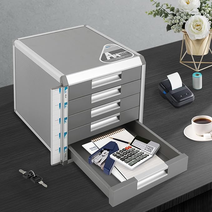 File Cabinet, Desk Organizer with 7 Drawers Metal Desktop Storage Cabinet File Holder with Locks and Keys for Home Office Organization (5 Layers-5 Small Floors)