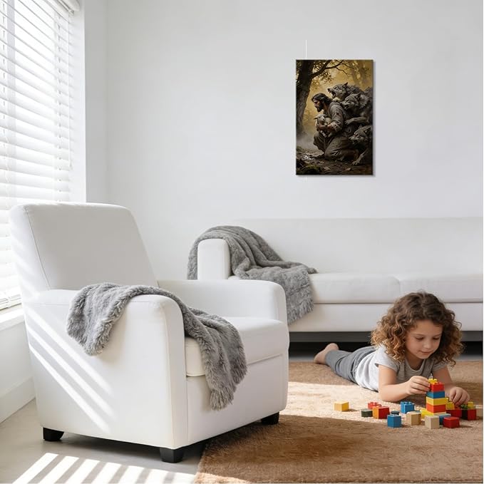 YOUHONG Jesus Wall Art and the Lamb Canvas Religious Wall Decor Christian Art Christian Posters Jesus Protect the Lamb from Wolves - Canvas with Built-in Wooden Frame for Home Decor (16x24 Inch)