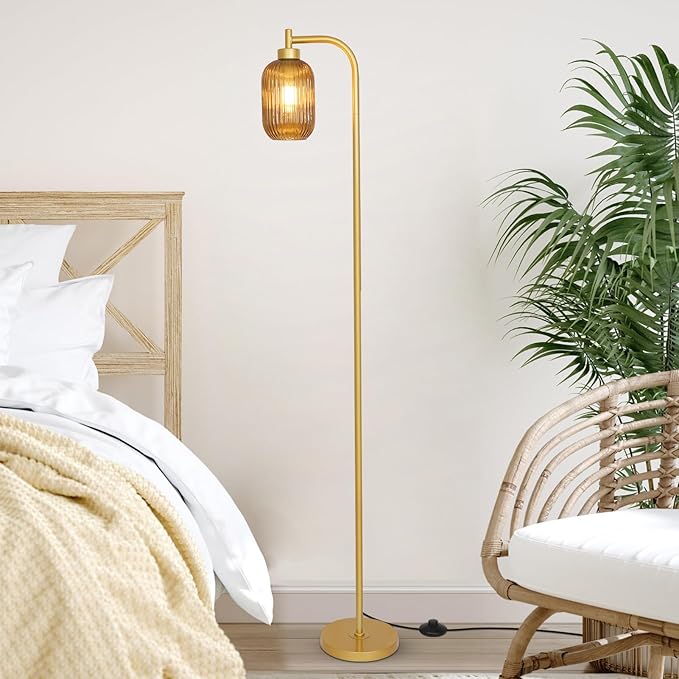 Glass Floor Lamps for Living Room, Vintage Gold Standing Lamp with LED Bulb, Amber Stripe Glass Shade, Foot Switch, Mid Century Modern Brass Tall Corner Lamp for Bedroom Office Reading Room