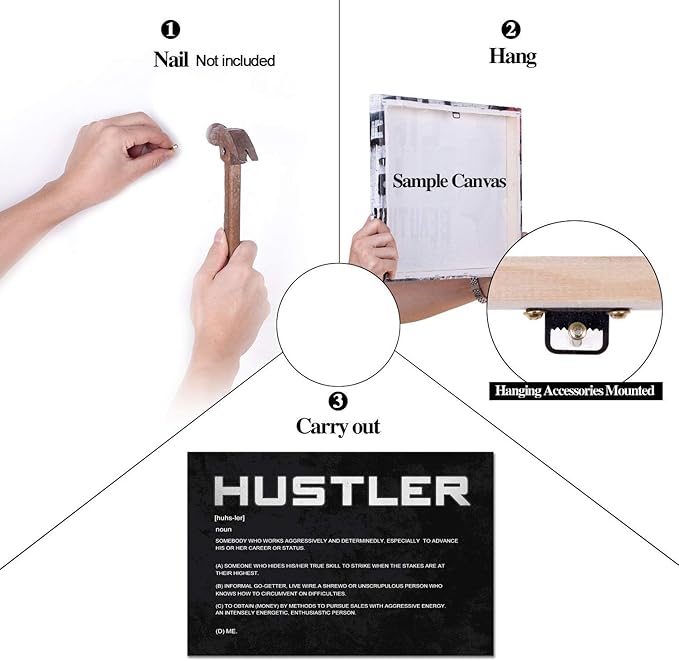 Inspirational Canvas Wall Art Motivational Painting Hustler Noun Inspiring Entrepreneur Quotes Modern Hustle Inspiration Posters Prints Decorations for Home Office Framed (12”Hx16”W)
