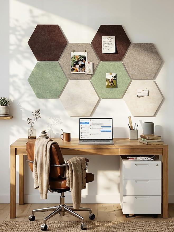 8 Pack Hexagon Felt Bulletin Board Tiles - 11.8" Large Thick Pin Board for Walls with 30 Push Pins, DIY Boards for Office Home School Decor, Aesthetic Hex Cork Board Alternative