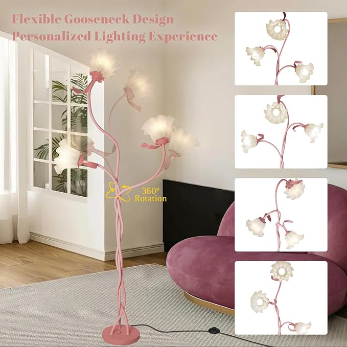 Flower Standing Lamp for Bedroom, Cute Corner Floor Lamp with Flexible Gooseneck, 3 Light Floor Reading Lamp with 3 Color Temperatures, Bulbs Included, Tall Floor Lamp for Living Room Corner(Pink)