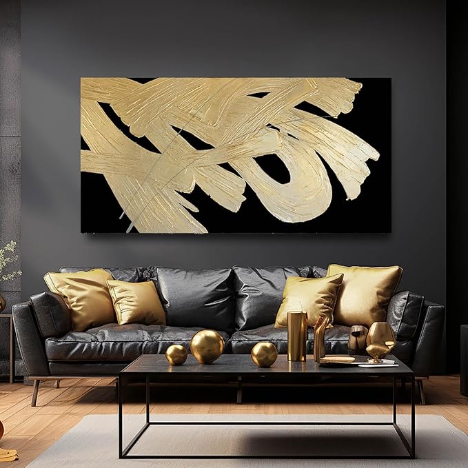 Framed Canvas Prints Gold Abstract Wall Painting on Black Background Graffiti Artwork Black Art for Office Living Room Modern Hanging Decor 24"x 48"
