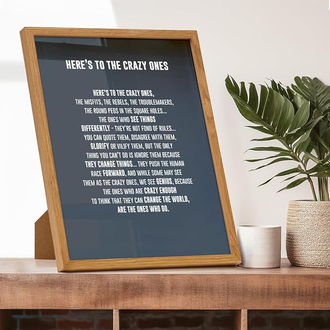 LARGE 11X14 FRAMED - Here's to the Crazy Ones- Motivational Wall Art Poster - Inspirational Quotes - Inspiring Sayings for Wall Decor - Home Office Decor- Encouragement Entrepreneur Gifts for Men