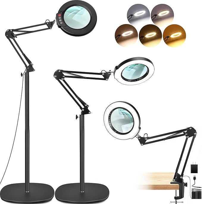 LANCOSC 10X Magnifying Glass with Light and Stand, Real Glass Lens, 5 Color Modes Dimmable, 3-in-1 Adjustable Swing Floor Lamp, LED Lighted Hands Free Magnifier & Clamp for Reading, Crafts, Painting