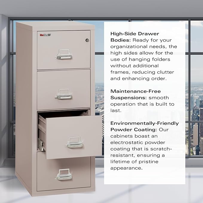 Fireking Fireproof Vertical File Cabinet (4 Letter Sized Drawers, Impact Resistant, Water Resistant), 52.25" H x 17.75" W x 25.06" D, Platinum