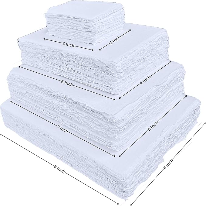 Handmade White Deckle Edge Blank Paper - 4x6 Inch Package of 50 - Mixed Media Loose Leaf Paper for Postcards, Invitations, Crafts and Announcements - Thick 150 GSM