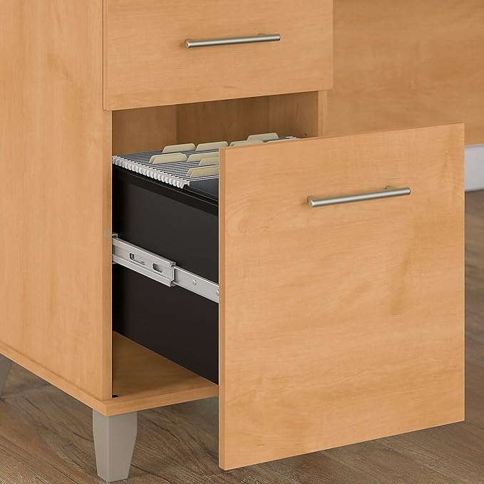 Bush Home Somerset 72W 3 Position Sit to Stand L Shaped Desk with Hutch in Maple Cross | Adjustable Height Table for Office