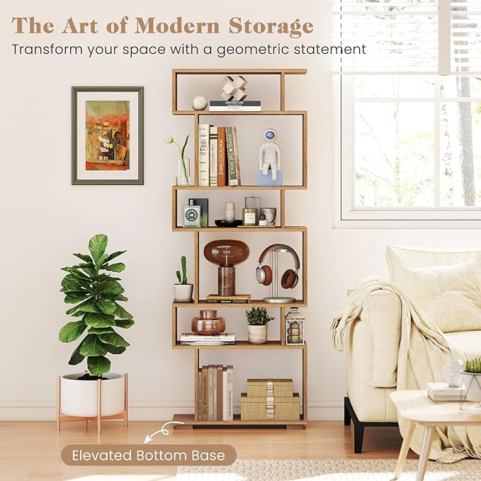 Giantex 6-Tier Geometric Bookshelf, S-Shaped Bookcase with 2 Anti-Tipping Kits, Wooden Display Shelf, Decorative Storage Shelving Unit, Home Storage Organizer for Office Living Room (1,Natural)