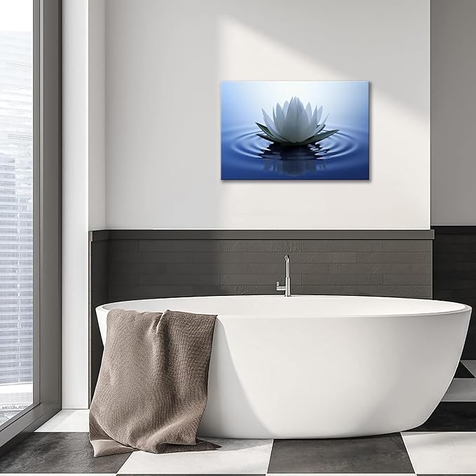 White Lotus Wall Art Canvas Pictures Print Spiritual Meditation Artwork Poster for Yoga Room Bathroom Zen Spa Photo Decor Framed Ready to Hang (12x 16inch)