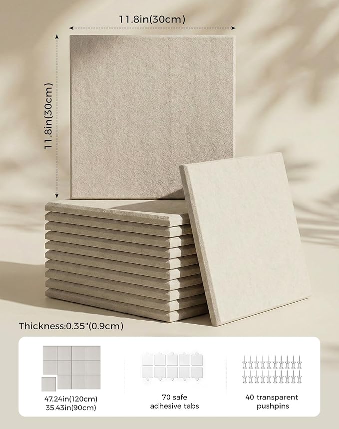 Aothia Felt Bulletin Board Tiles Large 48" x 36" Cork Board Alternative - 12-Pack with 70 Adhesive Tabs, Thick Slat Wall Panels for Office Decor, Push Pin Board Wall Organizer Alternative - Oatmeal