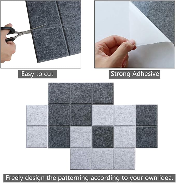 Large Felt Board Tiles for Wall with Pack of 6 Pin Board Notice Boards for Home Office Kitchen, Bulletin Board Wall Tiles for Photos Memos (Drak Grey+Light Grey, 6 Pack)
