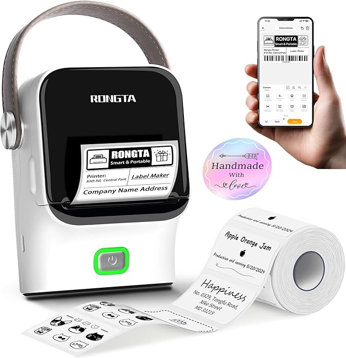 Rongta 2 Inch Label Maker Machine with Tape, Thermal Label Printer Easy Use for Office, Home, Business, 2'' x1.18'' Labels-260pcs/Roll, R22+Tape