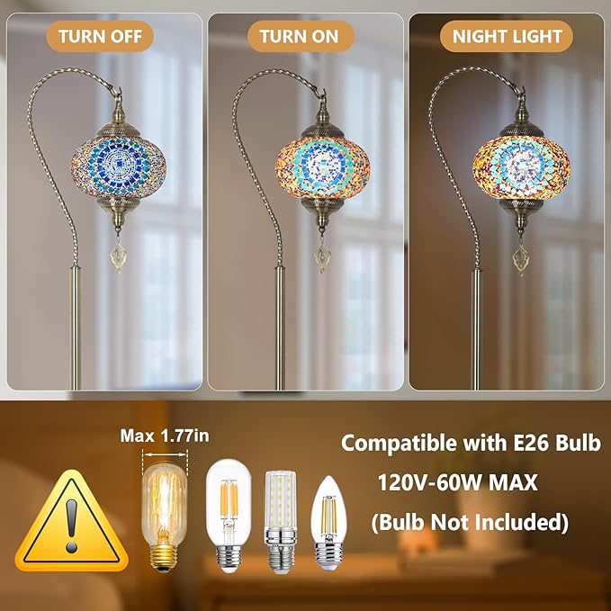Turkish Floor Lamp, Modern Moroccan Lamps for Living Room with Handmade Mosaic Glass Shade, Vintage Floor Lamp Tall Pole Lamp, Bronze Tiffany Standing Lamps for Bedroom Corner Light