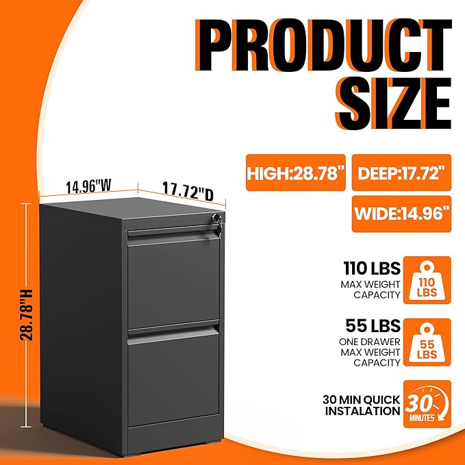 2 Drawer File Cabinet with Lock, Metal Filing Cabinet for Home Office, Vertical File Cabinet for Letter/Legal/A4/F4 Documents, Easy to Assemble Steel Storage Cabinet