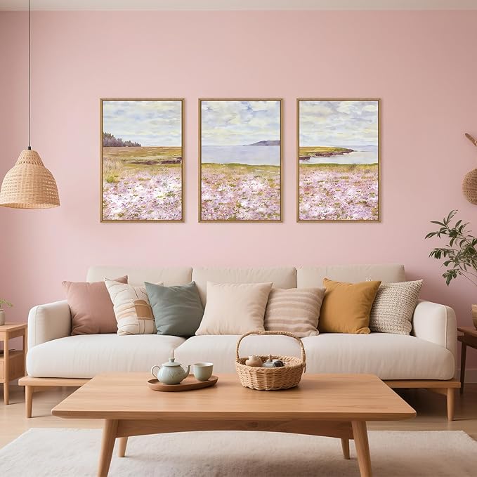 HOURIA Spring Watercolor Pink Floral Coastal Landscape Framed Canvas Wall Art Set,Nature Inspired Wildflower & Meadow Cottage Field Wall Decor,Modern Seaside Beach Artwork for Living Room,Farmhouse-24"x36"x3