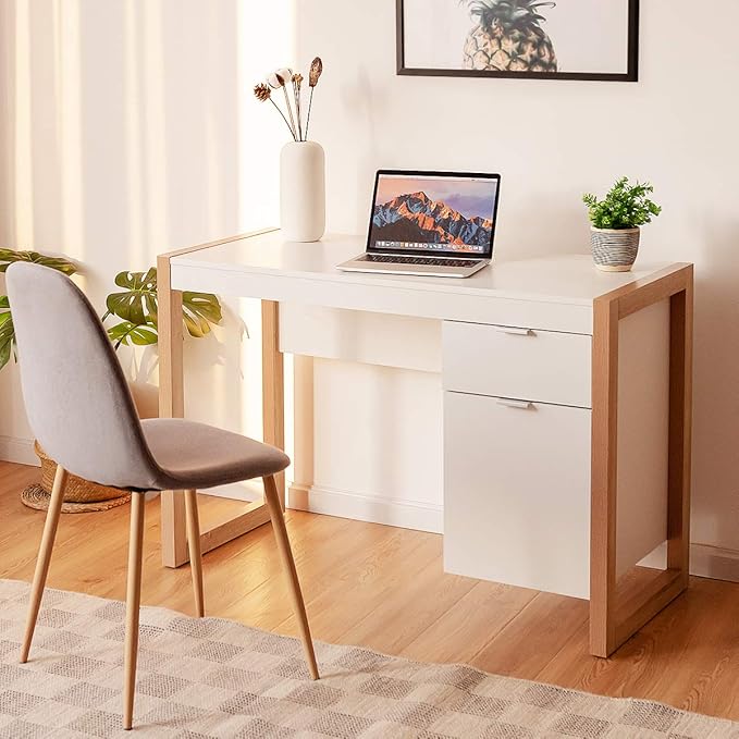 Tangkula Wooden Home Office Desk with Drawer & Cabinet, PC Laptop Workstation Study Writing Desk, Ideal for Bedroom Home Office (White & Natural)
