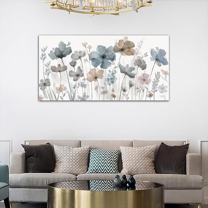 yearainn Elegant Flowers Canvas Wall Art - Floral Pictures for Wall Decor Indigo Brown Grey Canvas Painting Nature Printing Artwork for Living Room Bedroom Home Office Wall Decoration 29" x 58"