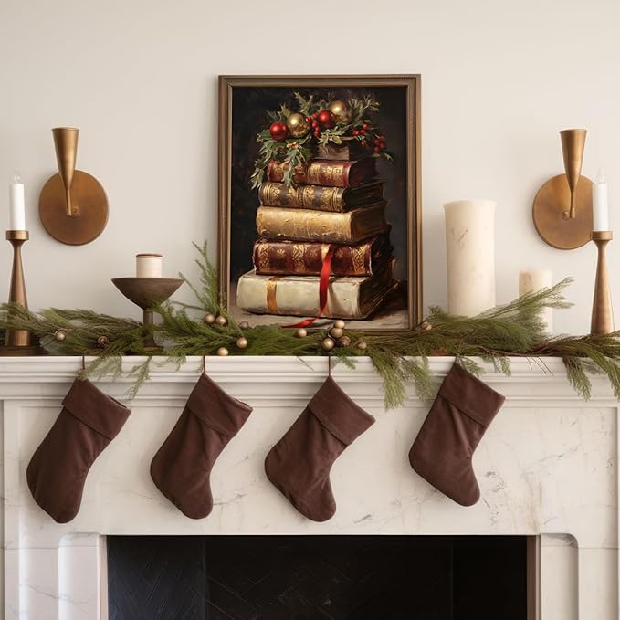 uniro Vintage Rustic Christmas Print Retro Xmas Book Art Oil Painting Dark Academia Decor Winter Farmhouse Holiday Wall Decor for Bedroom, Living Room, Gallery, winter Room Decor, Holiday Decoration Gifts( 8" x 10"-UNFRAMED)