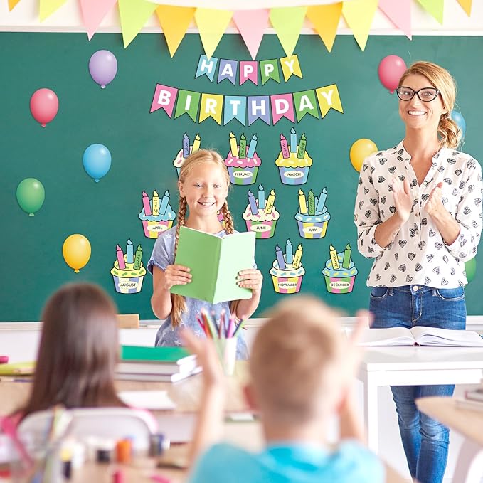 JarThenaAMCS 85Pcs Happy Birthday Bulletin Board Set Colorful Cake Balloon Candles Calendar Poster Classroom Birthday Chart for Back to School Decorations