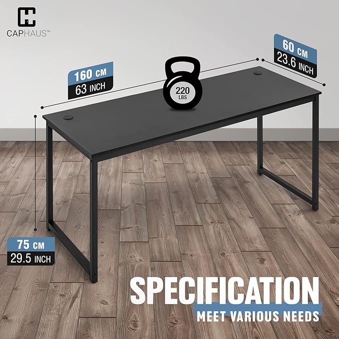 CAPHAUS 63 Inch Computer Desk for Home Office & Gaming, Large Workstation for Small Spaces, with Steel Frame, P2 Board, Easy Assembly, Black