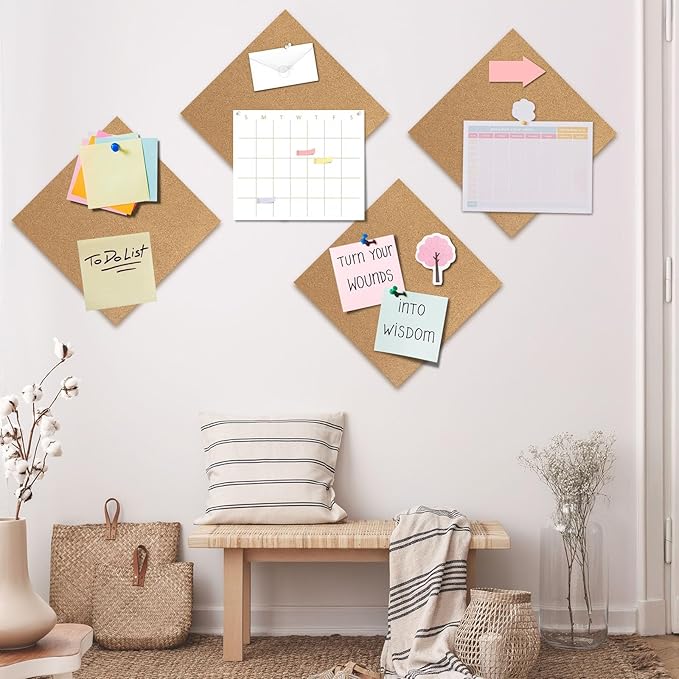 Cork Board 4 Pack Bulletin Boards 12"x12" - 1/4" Self Adhesive Corkboards for Wall School Home Office with 100 Push Pins