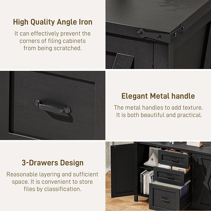 Farmhouse File Cabinet with Doors, Lateral Filing Cabinet with 3 Drawers for Letter/A4 Size Hanging Files, Large Wooden Printer Stand with Adjustable Shelves for Home Office, Rustic Black