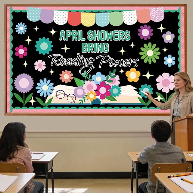Spring Reading Bulletin Board Set Floral Classroom Decoration April Showers Bring Reading Bulletin Board Spring Floral Cutouts for Back to School Office Home Chalkboard Wall Decor