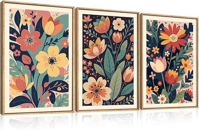 KAIRNE Vintage Colorful Floral Framed Canvas Wall Art Set of 3, Mid Century Modern Flower Wall Decor, Wildflower Plant Painting, Boho Botanical Art Prints for Living Room, Bedroom, Office, 24X36 Inch