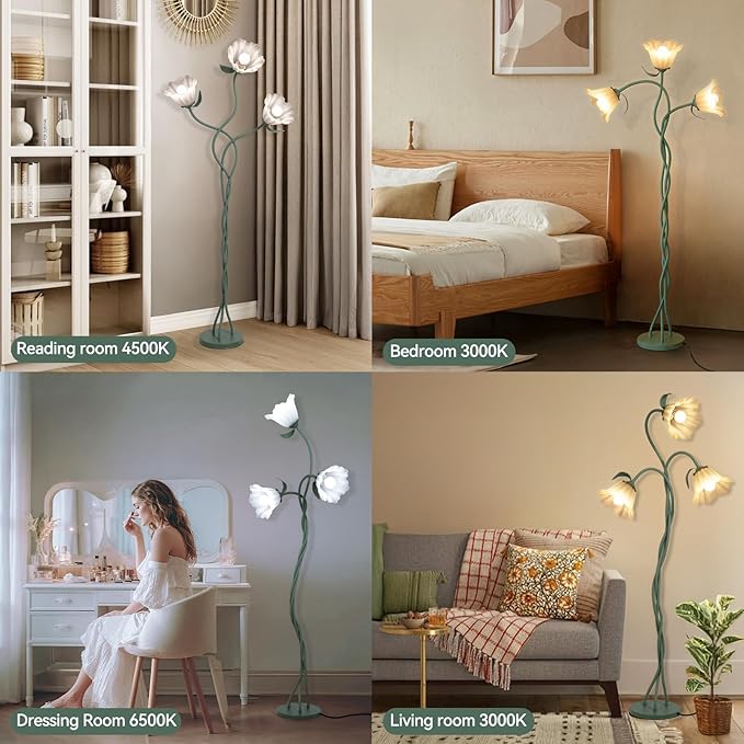 Vintage 3 Heads Flower Floor Lamp with Adjustable Gooseneck Corner Standing Tall Floor Lamp 3 Color Modes for Living Room Bedroom Reading Decoration Vine Floral Lamp with Lily of The Valley