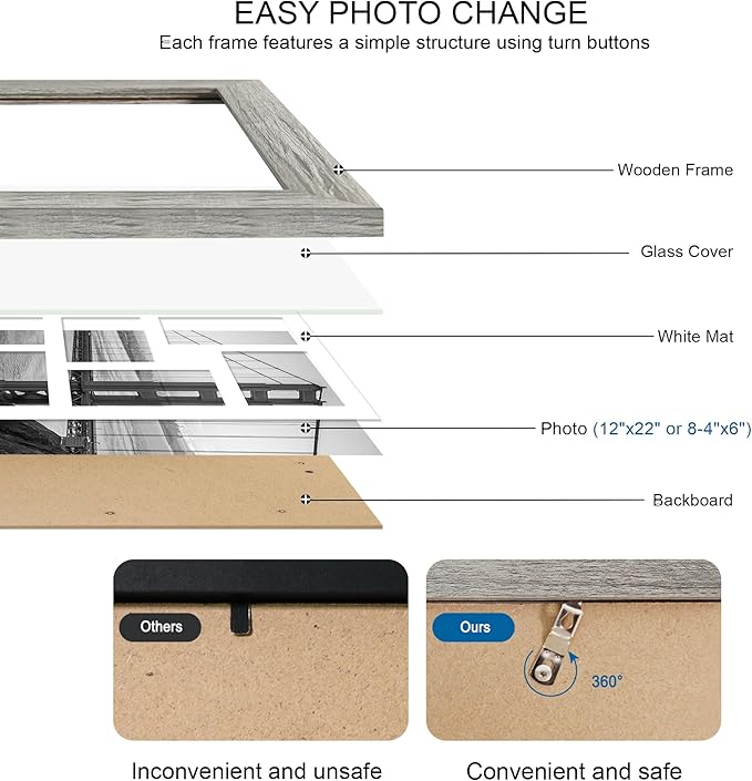 12x22 Picture Frame Set of 2, Grey with Glass Collage Frame, Display Eight Opening 4x6 Photos With Mat or 12 x 22 Newspaper Without Mat - Horizontal or Vertical Wall Mounting
