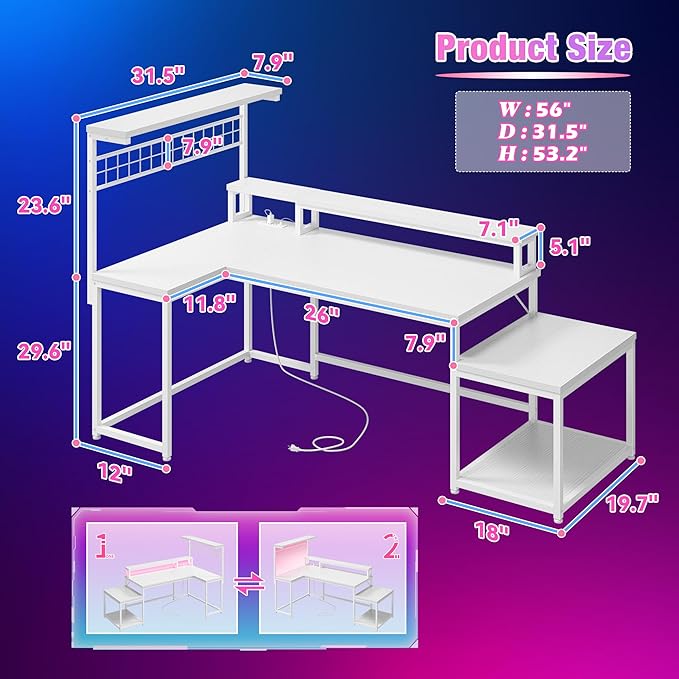 EEnHomee 56" Medium L Shaped Gaming Desk with LED & Power Outlets,Computer Desk with Monitor Stand & Print Stand for Home Office,Reversible Corner Gaming Table with Storage Shelf & Hooks,White