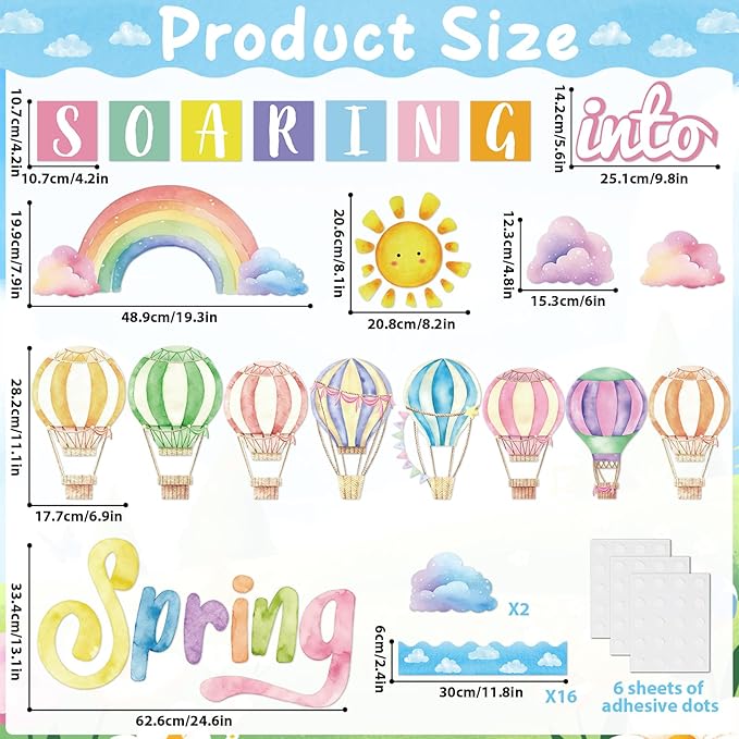 39pcs Spring Bulletin Board Decorations Soaring Into Spring Classroom Bulletin Board Set Hot Air Balloon Rainbow Paper Cutouts for Classroom School Office Home Nursery Chalkboard Door Wall Decor