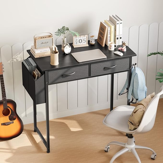 Sweetcrispy Small Desk with Fabric Drawers for Bedroom Home Office, 32 Inch Computer Gaming Desk Writing Study PC Table with Side Bag Headphone Hook Metal Frame Adjustable Feet,Pure Black