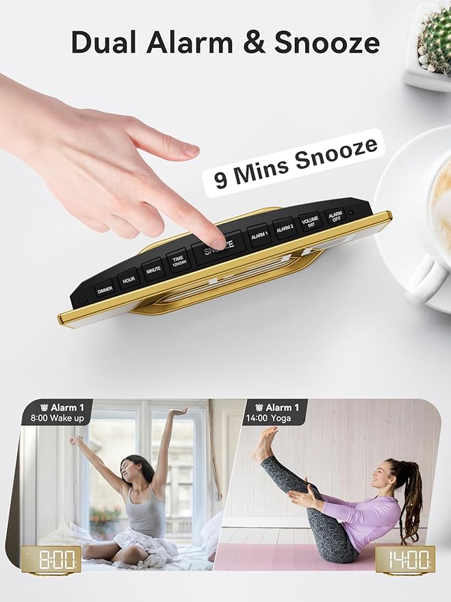 Digital Alarm Clock for Bedrooms, Slim LED Desk Clock with Gold Mirror Finish, 7 Levels Brightness, Dual USB Ports, Snooze, 12/24H, 8.7" Large Display Modern Bedside Clock for Home Office Decor