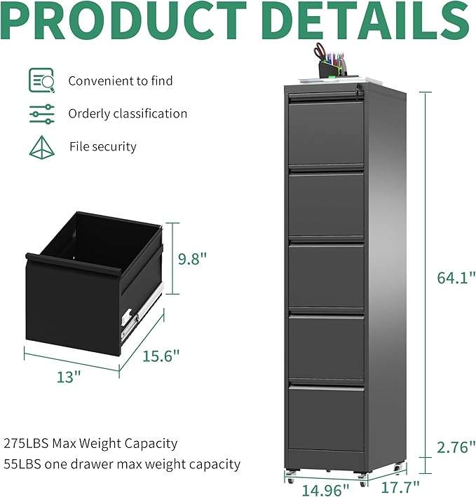 5 Drawer Mobile File Cabinet, Under Desk File Cabinet,Metal Filing Cabinets with Lock for Home Office Organizer Letter/Legal/A4,Require Assembly (Black)