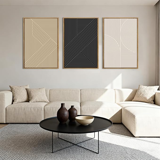 BINCUE Large Neutral Canvas Wall Art,Modern Abstract Framed Wall Art Boho,Mid Century Art Print,Minimalist Wall Painting Geometric,Vintage Beige Artwork for Living Room Bedroom Bathroom Home 16''x24'' Set of 3