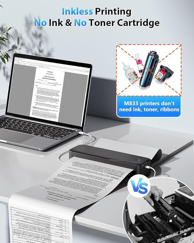 Memoking Portable Printers Wireless for Travel, Inkless Thermal Printer 8.5" x 11" Letter Paper for Phone & Laptop, 304DPI HD Quick Print Mobile Bluetooth Small Printers for Home Office or School