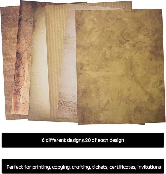 120 Aged Paper - Antique Looking Vintage Papers With Classic Aged Paper Designs - Six Unique Old Looking Designs - Printable Writing paper, 8.5 x 11 inches (Pack of 120)