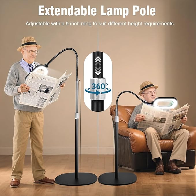 Large Magnifying Glass with Light and Stand, 10X Rectangle Optical Real Glass Lens, Height Adjustable Gooseneck Magnifier Floor Lamp, 5 Color Modes LED Dimmable Lighted Hands Free for Close Work Craft