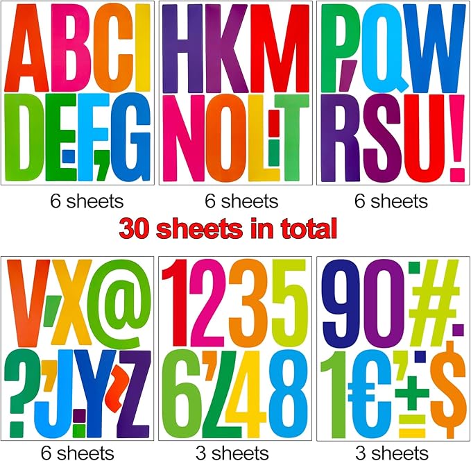 Bemeol 30 Sheets Large Letter Sickers 5 inch Vinyl Letter Alphabet Number Stickers for Bulletin Board Classroom Mailbox Home Decor(Colorful)