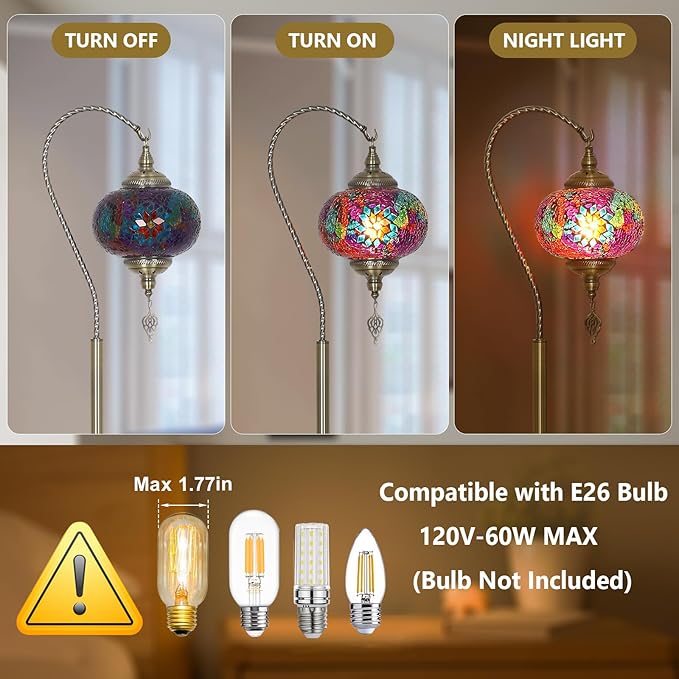 Turkish Moroccan Floor Lamp, Swan Neck Tiffany Lamp with Handmade Mosaic Glass Shade, Bronze Base, 65" Tall Standing Lamps for Living Room Bedroom Home Decor Light, Colorful