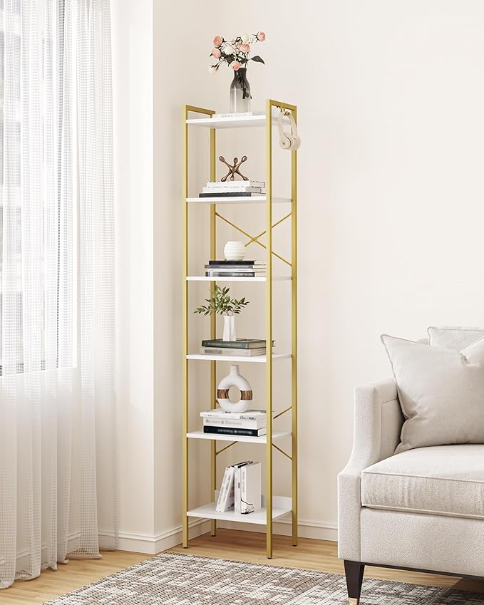 Bookshelf, Book Shelf, Industrial Bookcase with 2 Hooks, Coner Shelf Storage Organizer for Home Office, Living Room, Bedroom, Kitchen, 6-Tier White-Gold BC10713G